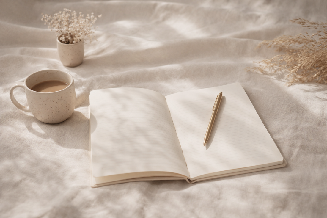 A soft and inviting space representing reflection, calm living and intentional journaling