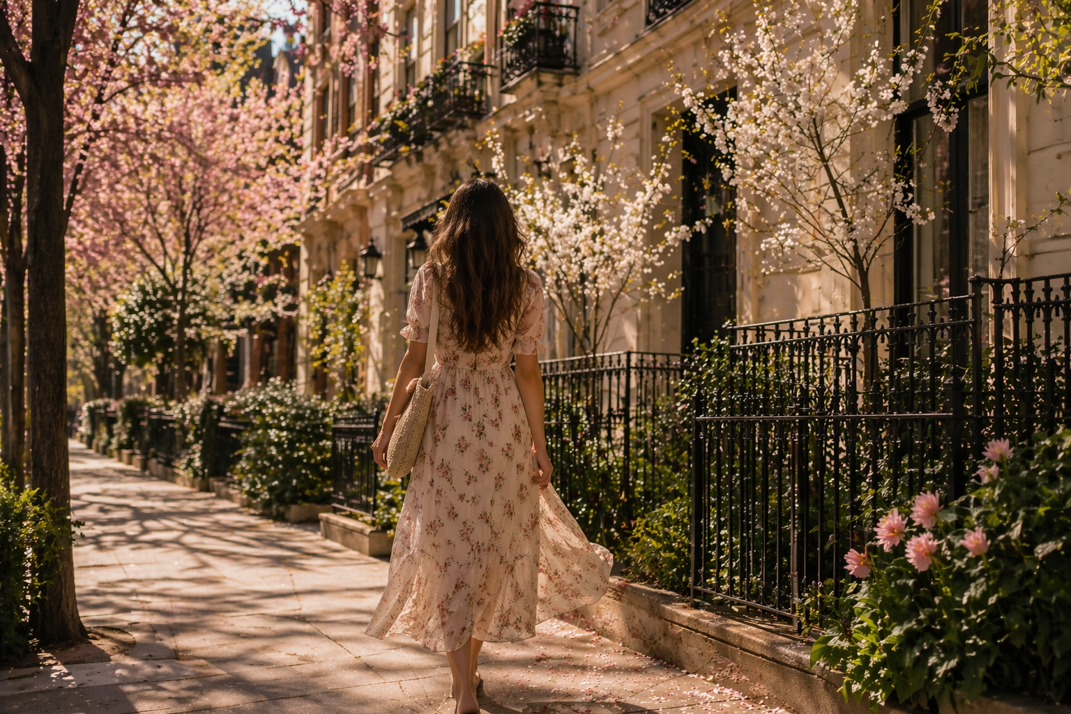 A woman in a flowing floral dress walking down a sunlit, tree-lined street during spring, surrounded by blooming flowers and soft golden light, creating a calm and reflective atmosphere.