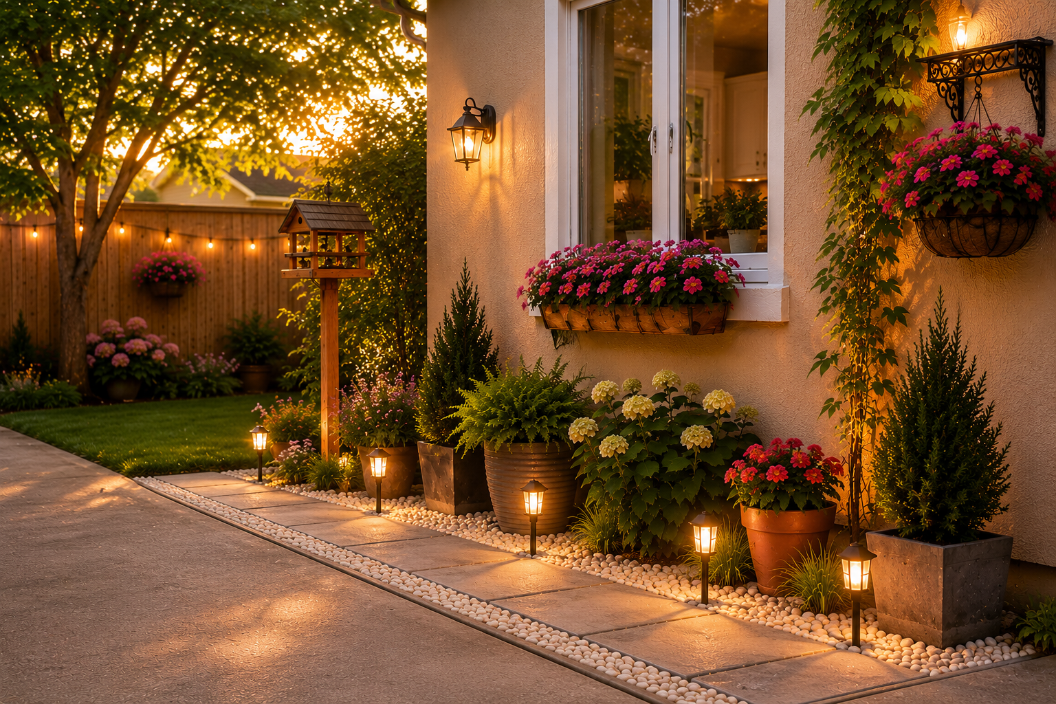 A cozy backyard garden at golden hour featuring flowering plants, decorative stone pathways, warm outdoor lighting, and a welcoming home exterior. The scene reflects the beauty of creating a home slowly through thoughtful details and care.