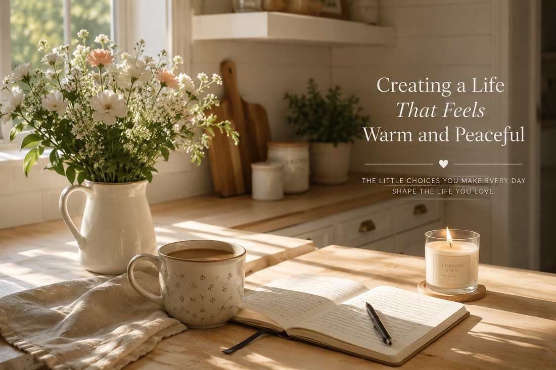 A cozy sunlit kitchen with soft neutral tones, fresh flowers, a warm cup of coffee, a candle, and an open journal creating a peaceful and comforting atmosphere.