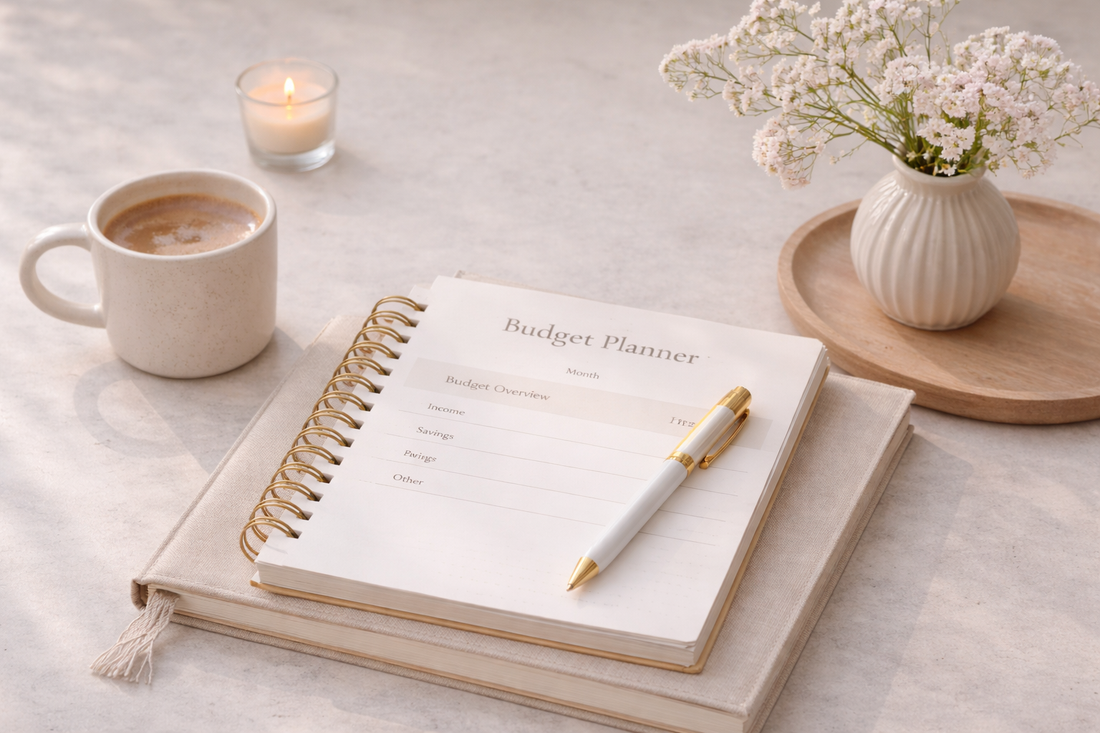 A minimalist and cozy workspace with a planner, coffee and soft tones representing mindful budget planning