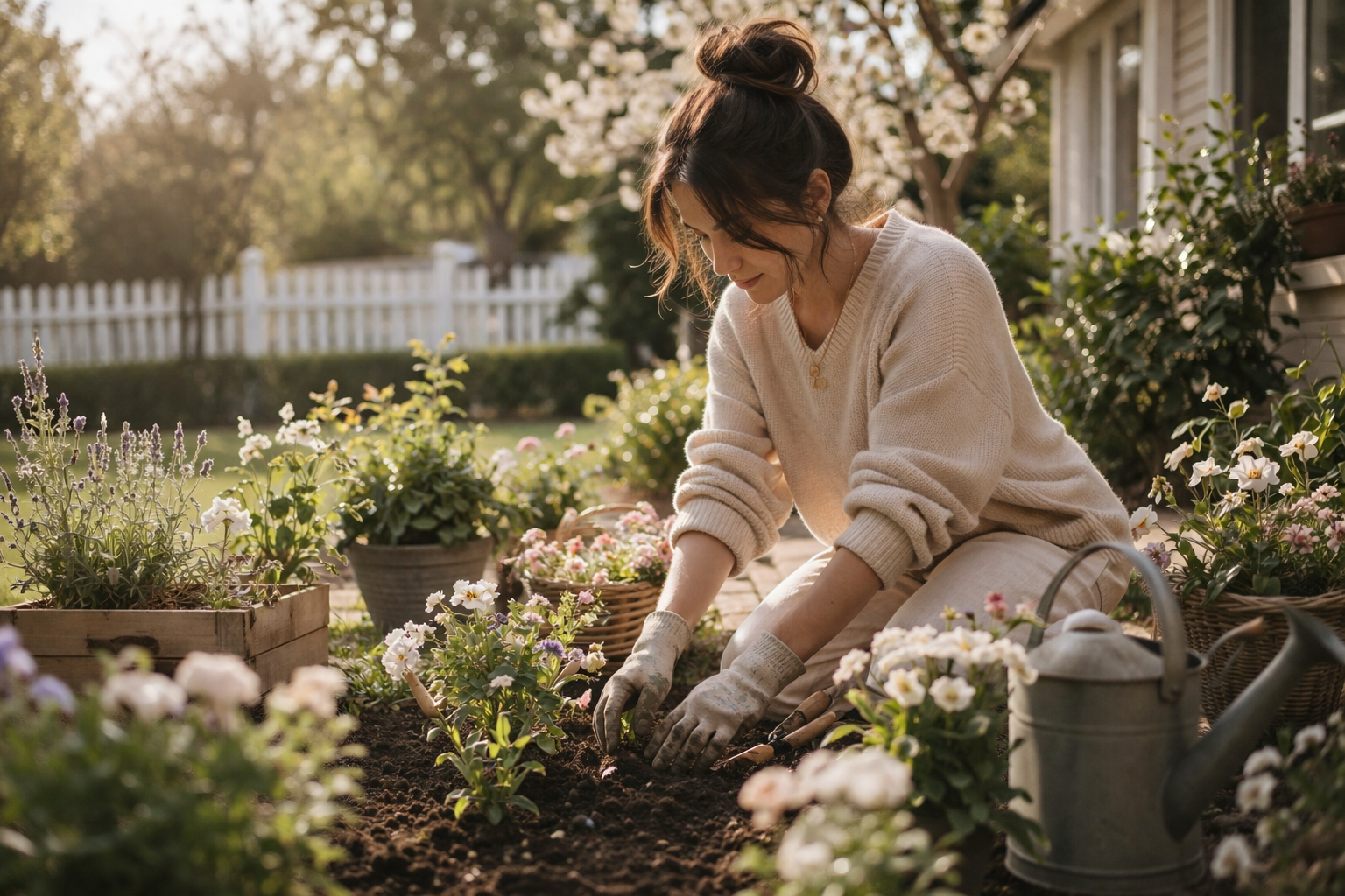 Spring garden with blooming flowers and a woman planting, symbolizing transformation and new beginnings.