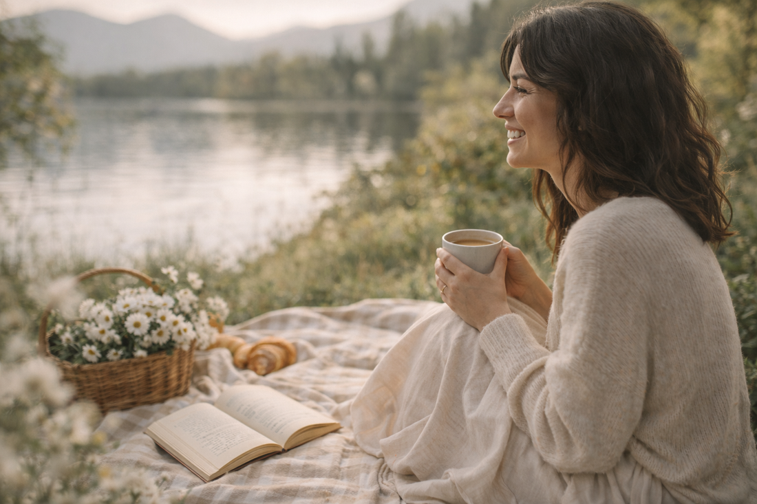 Woman smiling by a lake during a peaceful spring picnic, holding a warm drink and enjoying a quiet moment of joy.