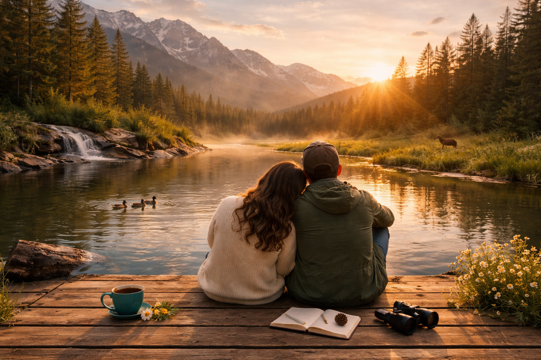 a peaceful moment by a mountain lake at sunset, two people sitting quietly on a dock surrounded by nature and stillness