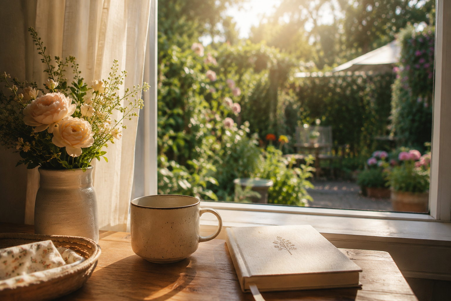 A peaceful morning by the window with a warm cup of coffee, fresh flowers, and soft sunlight, capturing the beauty of slow, intentional living.