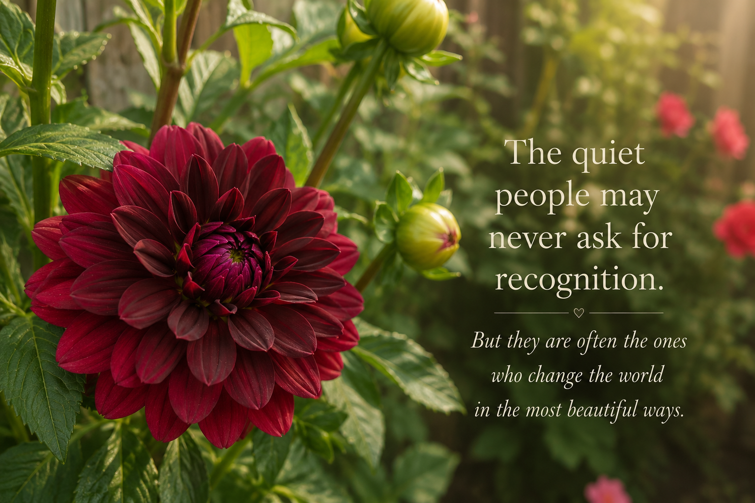 A deep burgundy dahlia blooming in a peaceful garden, symbolizing the quiet beauty of kindness, compassion, and the people who change the world through everyday acts of love.