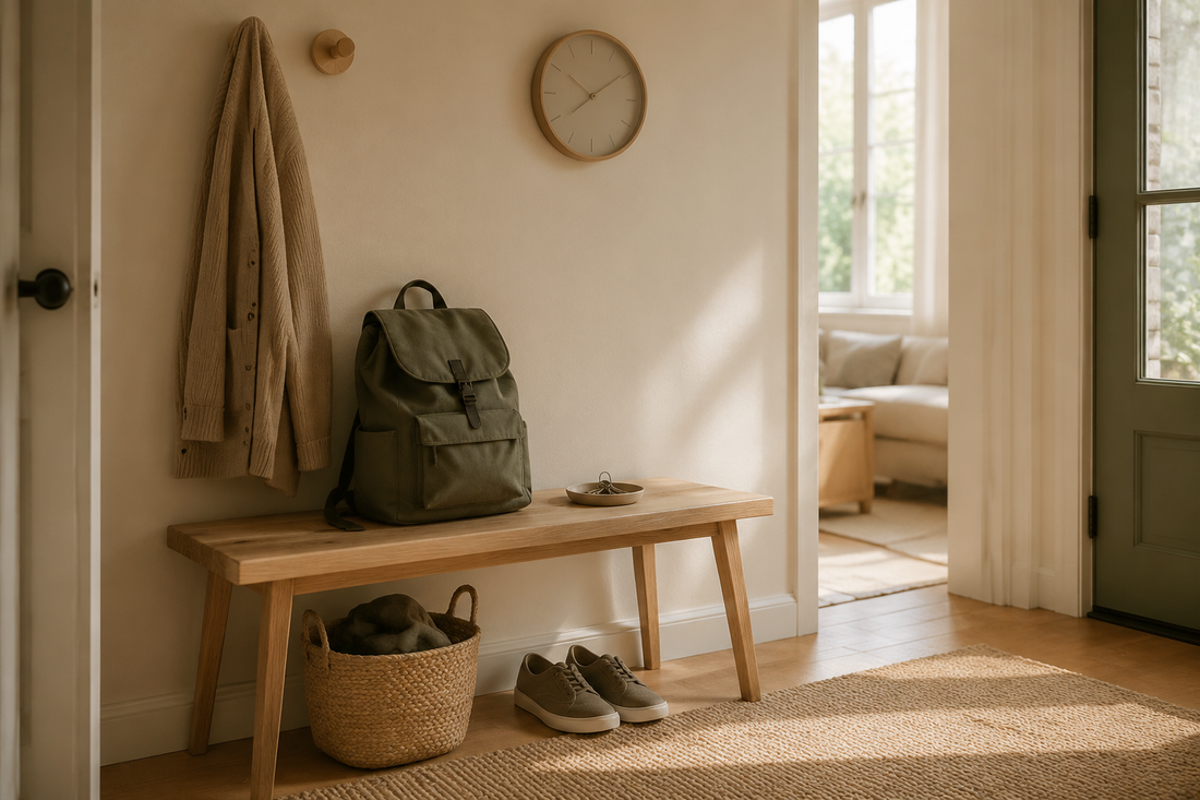 Warm, sunlit home entryway with a backpack, cardigan, keys and shoes prepared for the day, representing the beginning of a new daily rhythm.