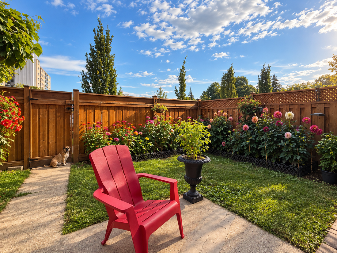 A peaceful backyard garden with colorful zinnias and dahlias, a red chair, green lawn, and warm afternoon sunlight.