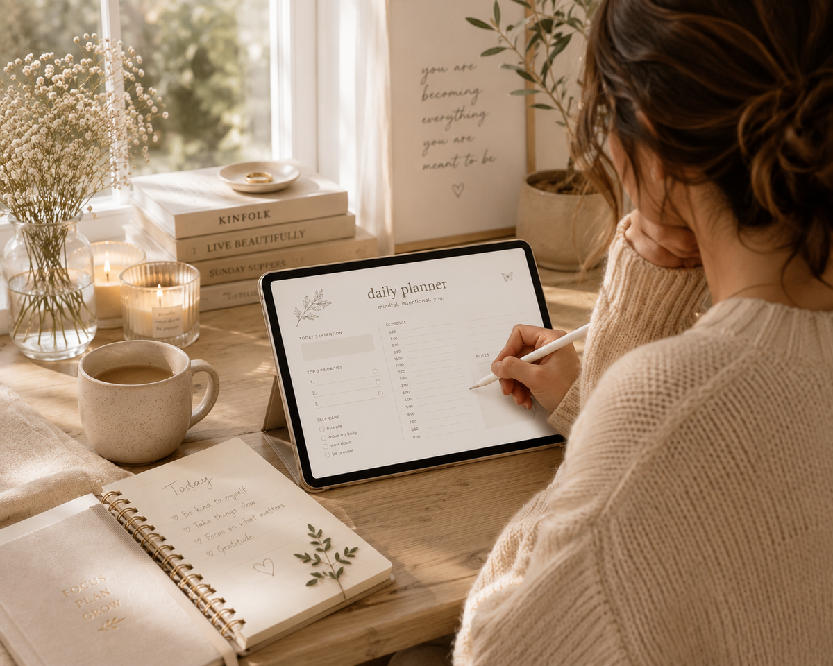 A cozy workspace featuring a woman using a digital planner on a tablet, surrounded by warm neutral décor, a cup of coffee, candles, and plants, creating a calm and intentional planning routine.