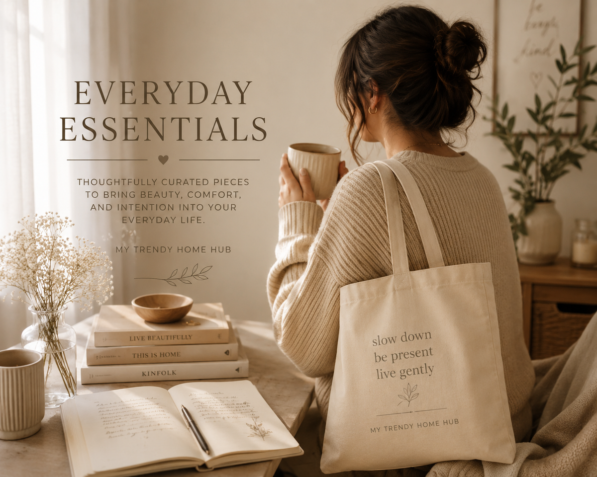 A cozy woman enjoying a quiet morning with a tote bag, journal, and coffee, representing the Everyday Essentials collection by My Trendy Home Hub.