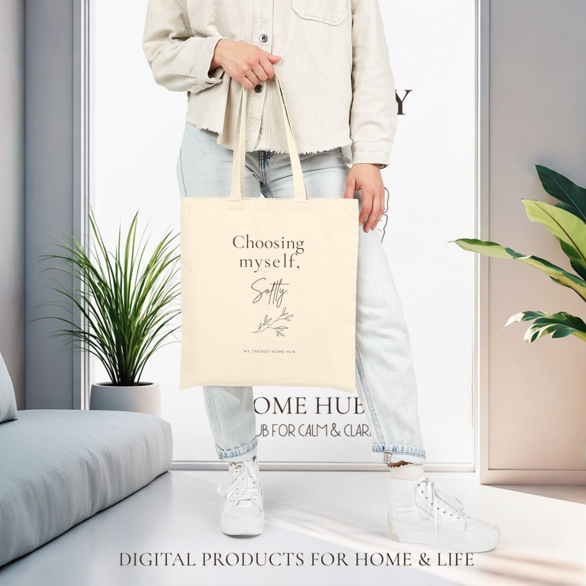 Minimalist Canvas Tote Bag — "Choosing Myself" Self Love Aesthetic Tote