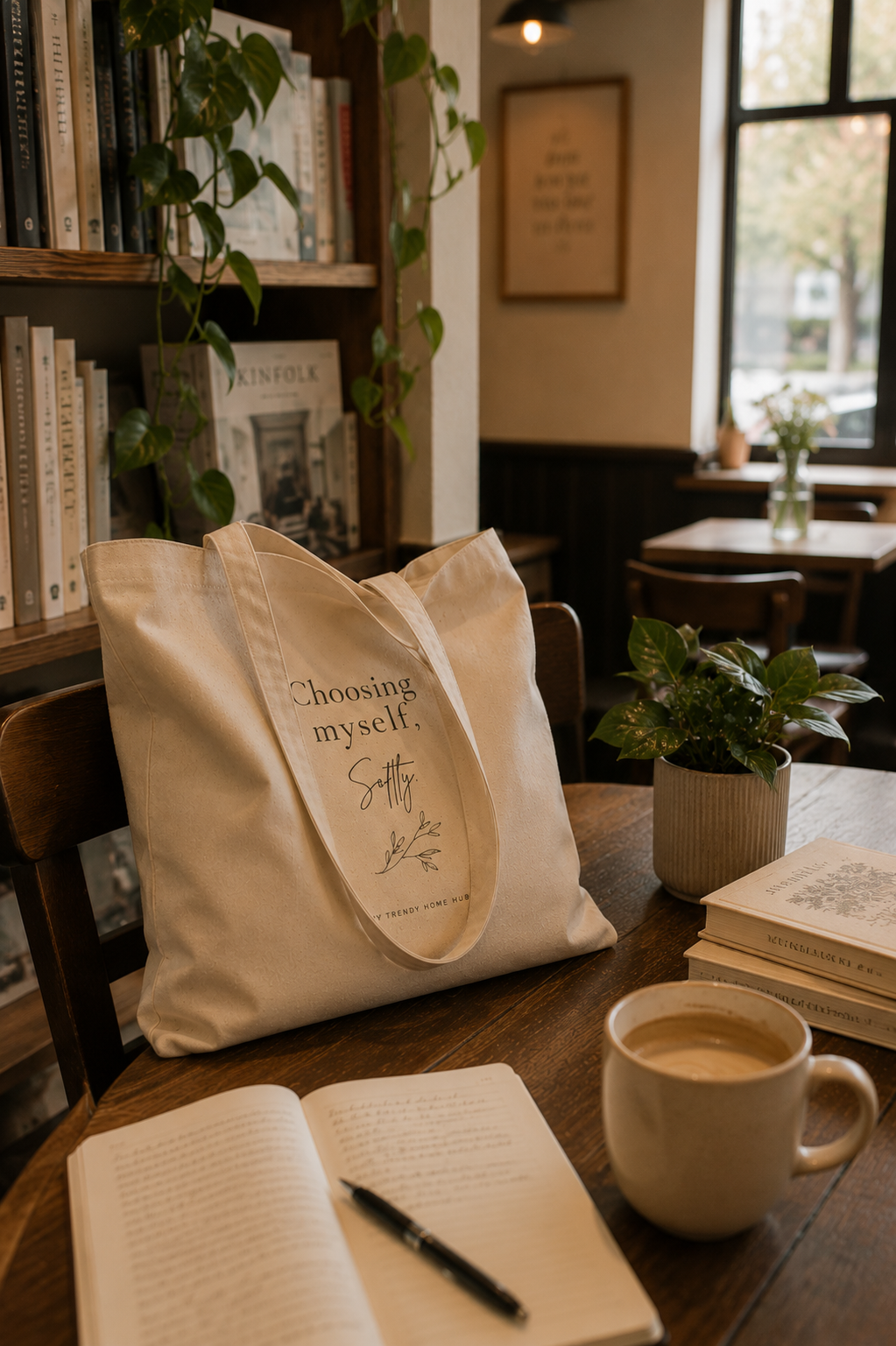 Choosing Myself, Softly cotton canvas tote bag displayed on a wooden table inside a cozy bookstore café with books, plants, and a warm minimalist atmosphere.