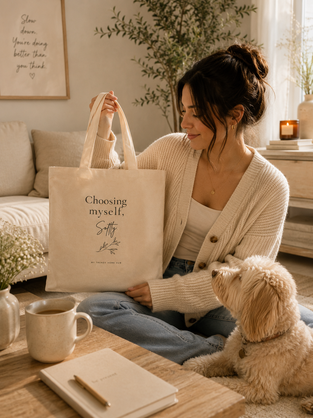Woman holding the Choosing Myself, Softly cotton canvas tote bag while relaxing at home with her dog in a warm, peaceful minimalist living room.