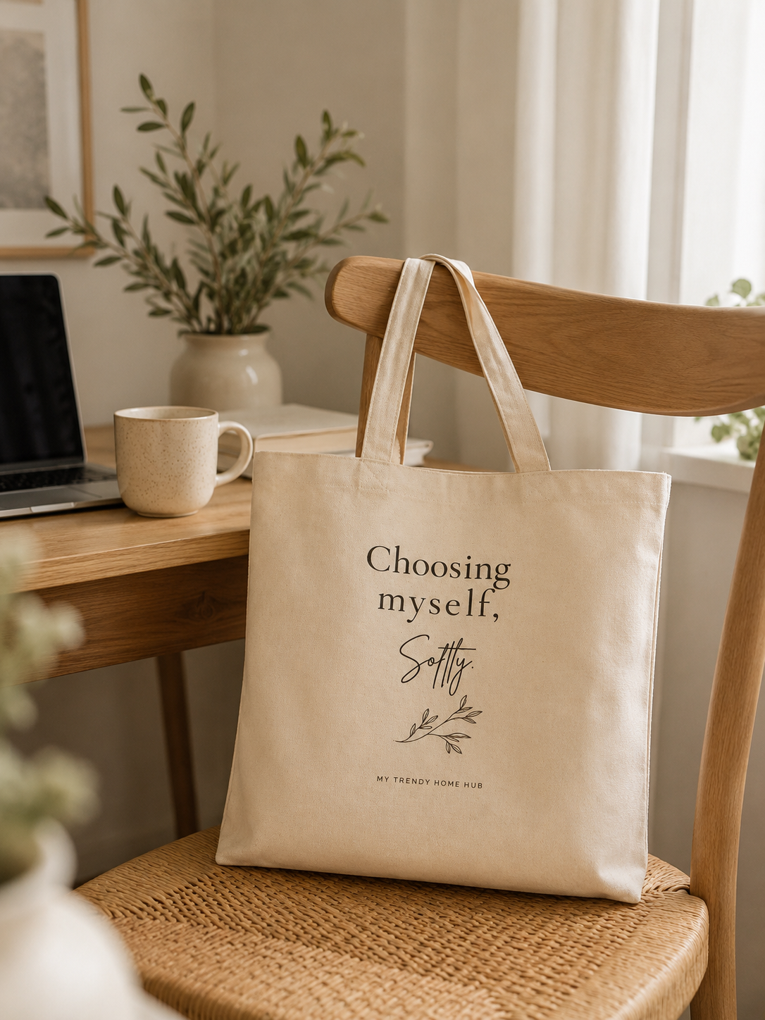 Choosing Myself, Softly canvas tote bag hanging on a wooden chair beside a cozy home office desk with a laptop, coffee mug, and natural morning light.