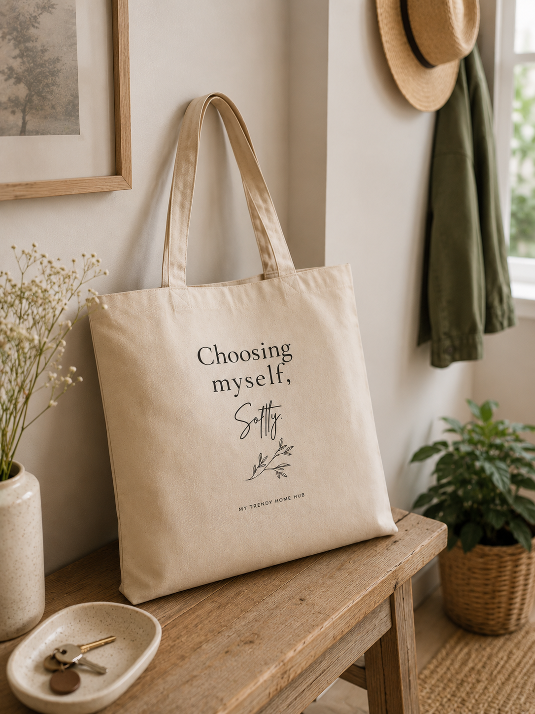 Choosing Myself, Softly cotton canvas tote bag displayed in a minimalist entryway with natural wood furniture, woven basket, plants, and soft neutral decor.