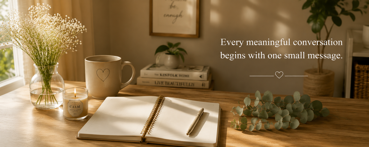A warm, sunlit desk scene with an open notebook in the foreground, a mug with a heart, books, flowers, and a candle. White text on the right reads, 'Every meaningful conversation begins with one small message.