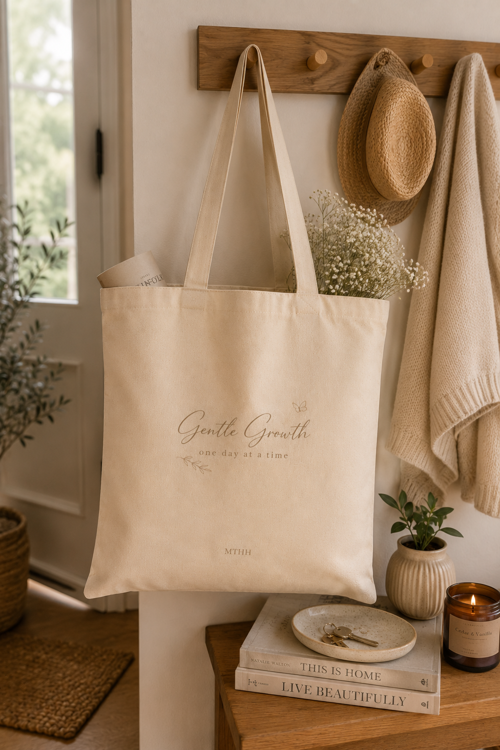 Beige Gentle Growth canvas tote bag hanging in a cozy minimalist entryway with warm neutral decor.