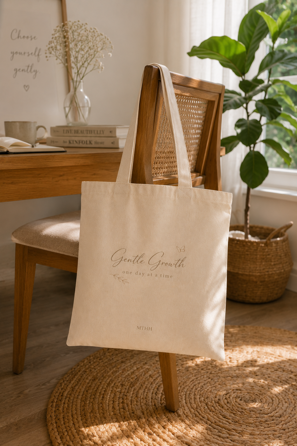 Gentle Growth cotton canvas tote bag hanging on a wooden chair in a bright minimalist home office.