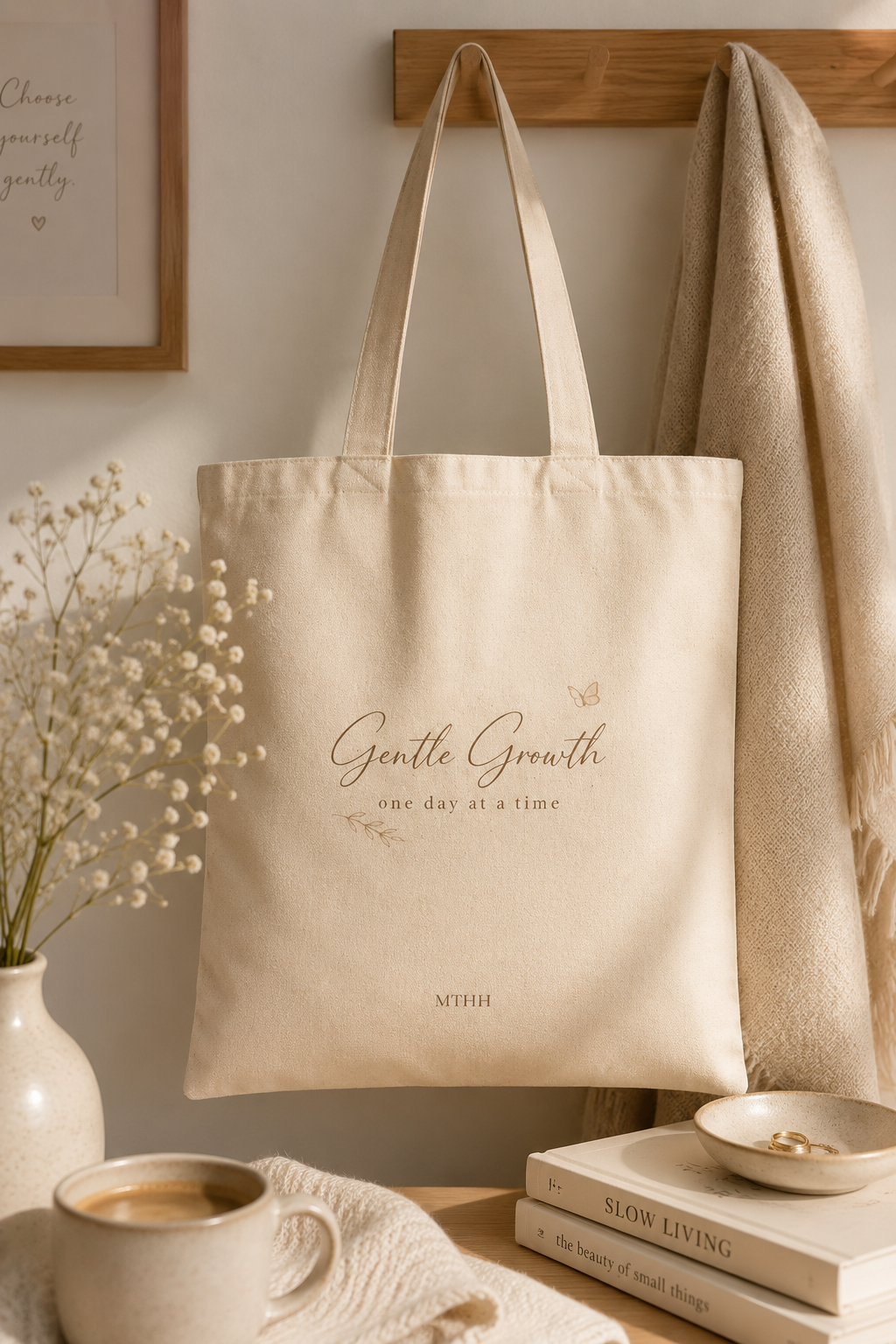 Gentle Growth beige canvas tote bag displayed on a stone table in a warm minimalist home with natural light.