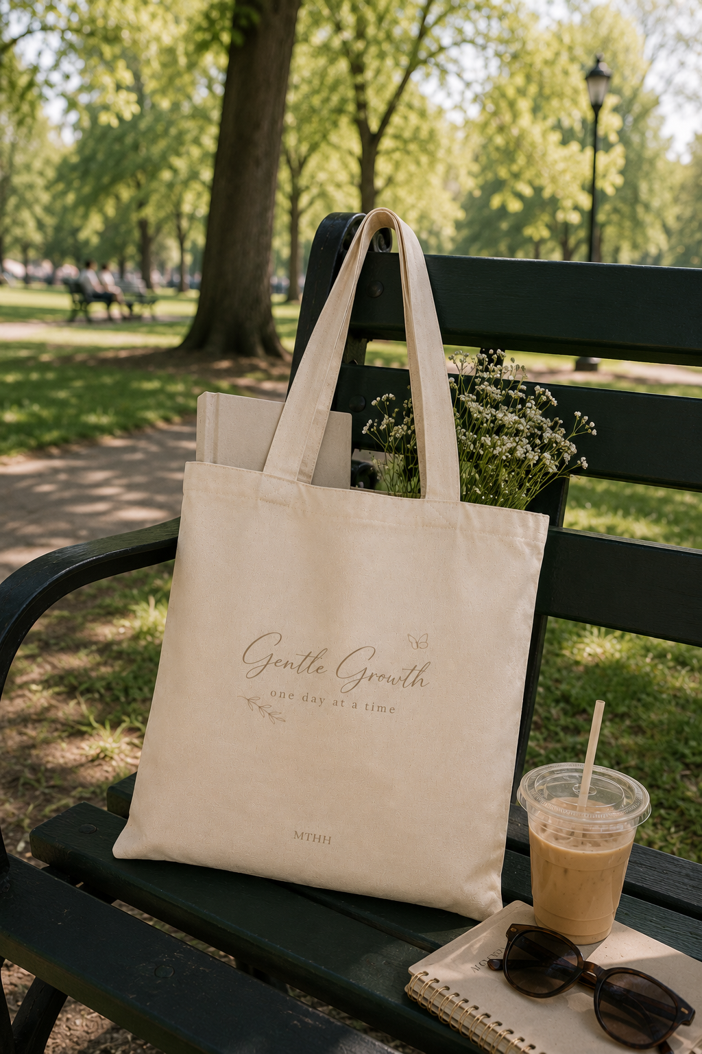 Gentle Growth beige canvas tote bag resting on a park bench with a notebook, coffee and wildflowers in a peaceful outdoor setting.