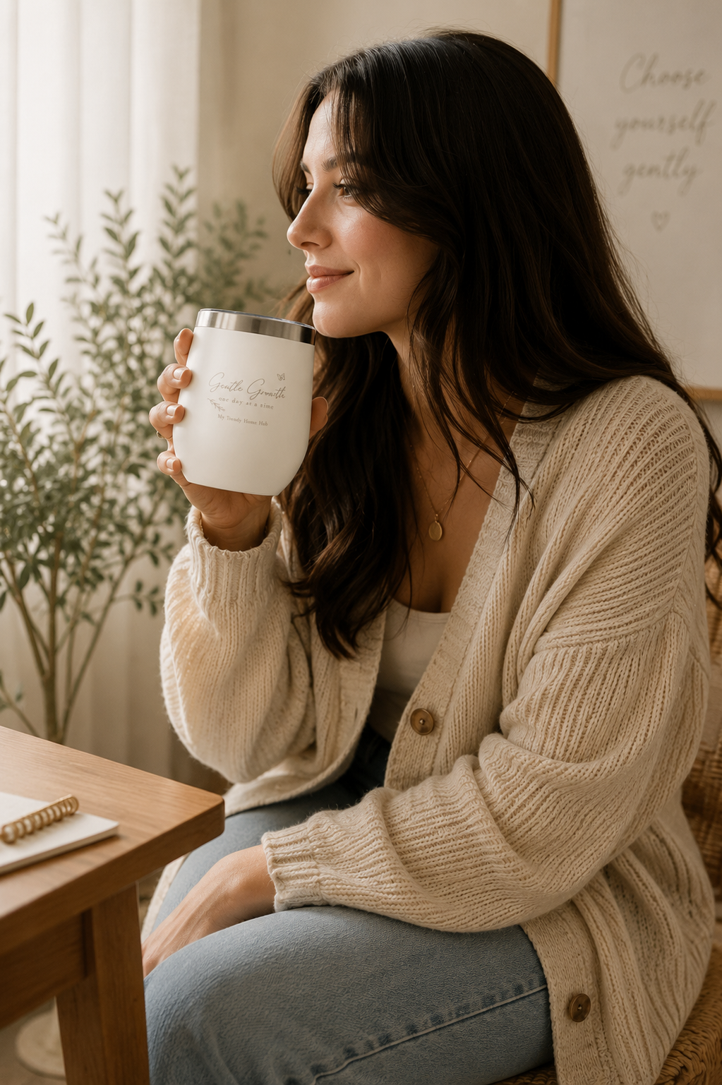 Woman enjoying a quiet morning at home while holding the white Gentle Growth insulated tumbler in a warm, cozy living space filled with soft natural light.