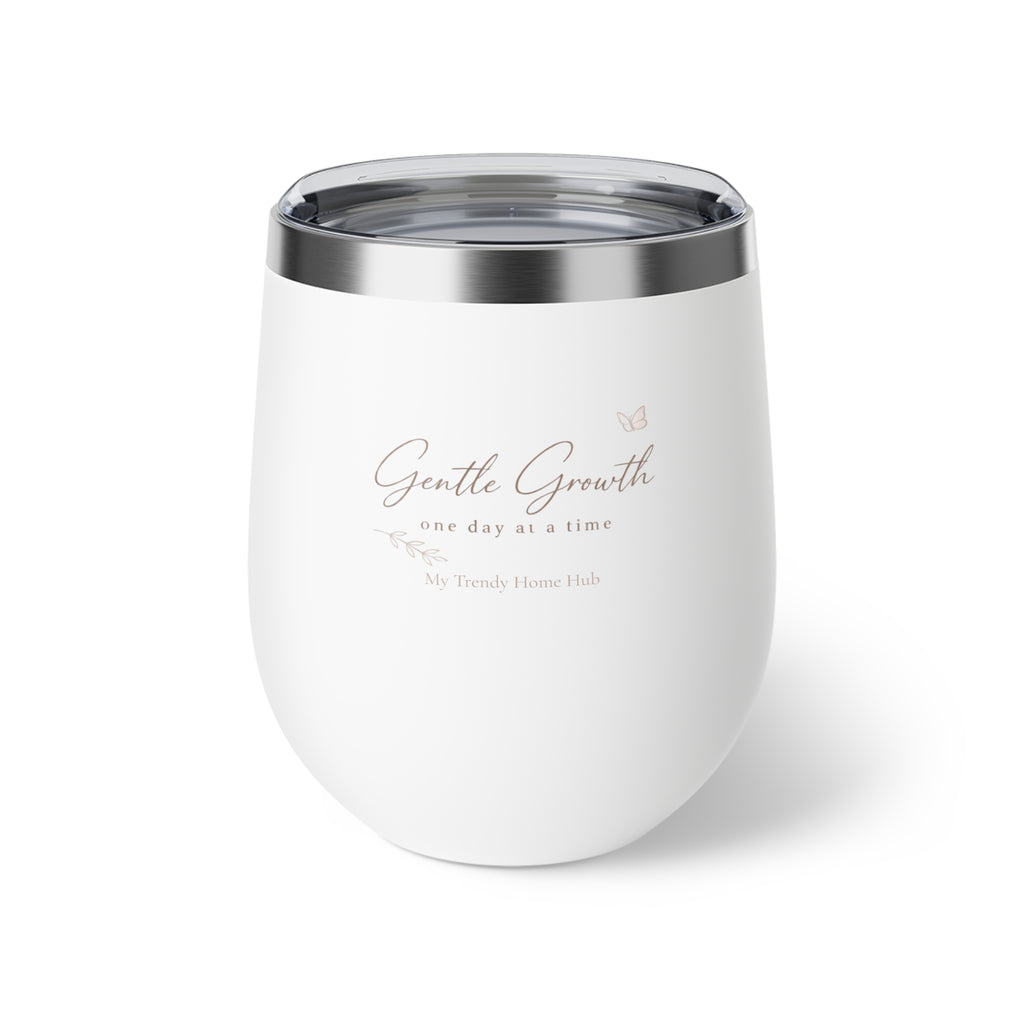 White insulated stainless steel tumbler featuring the Gentle Growth design by My Trendy Home Hub on a clean white background