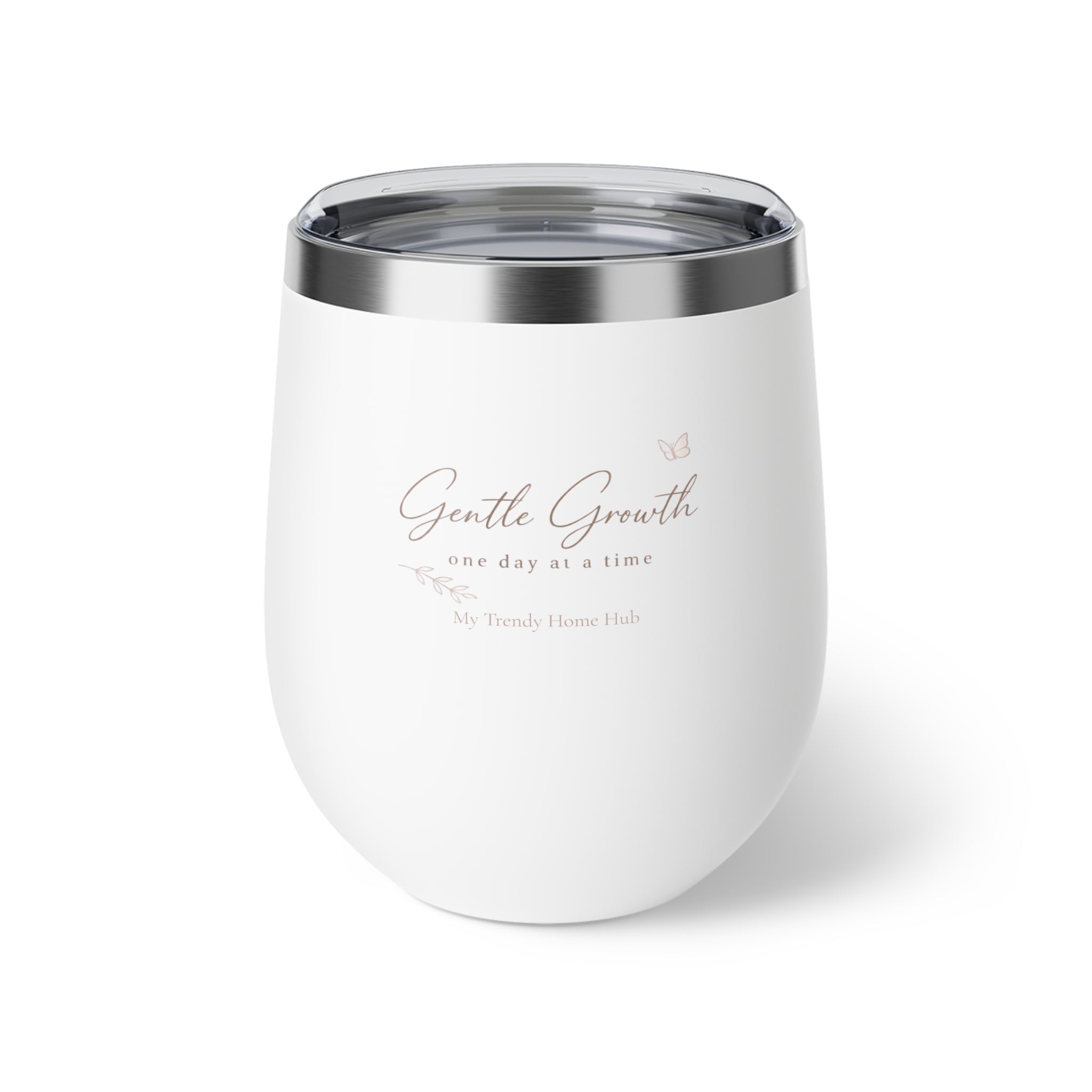 White insulated stainless steel tumbler featuring the Gentle Growth design by My Trendy Home Hub on a clean white background