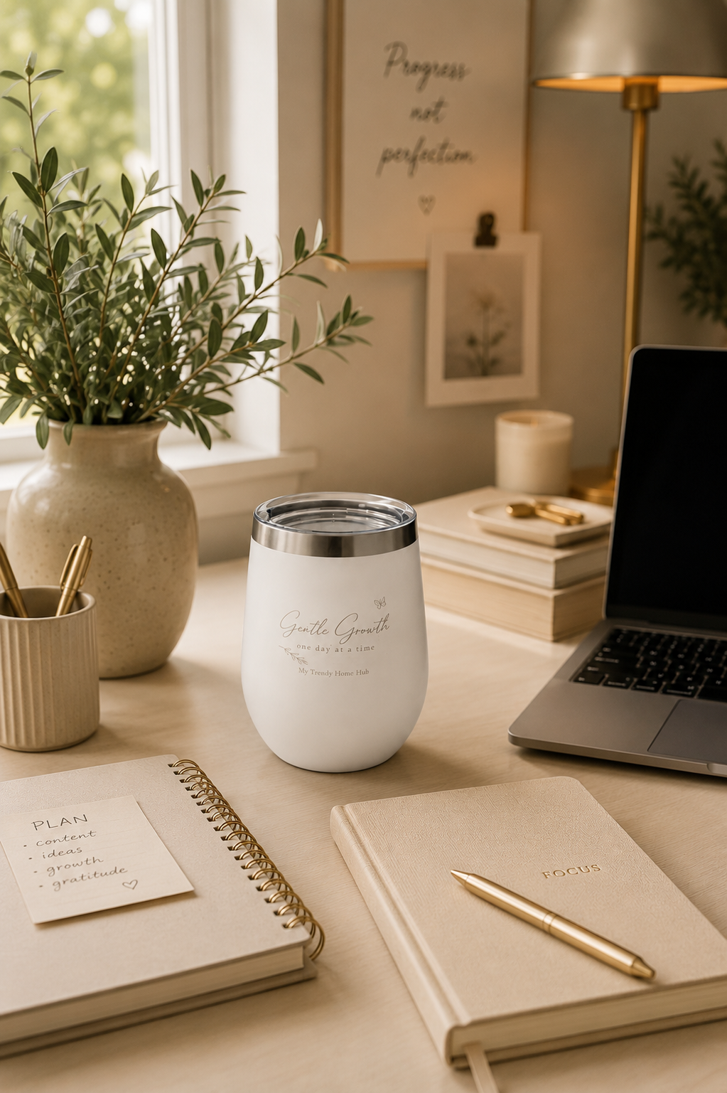 White Gentle Growth insulated tumbler on a minimalist office desk beside a laptop, notebook, and greenery in a warm, cozy workspace.
