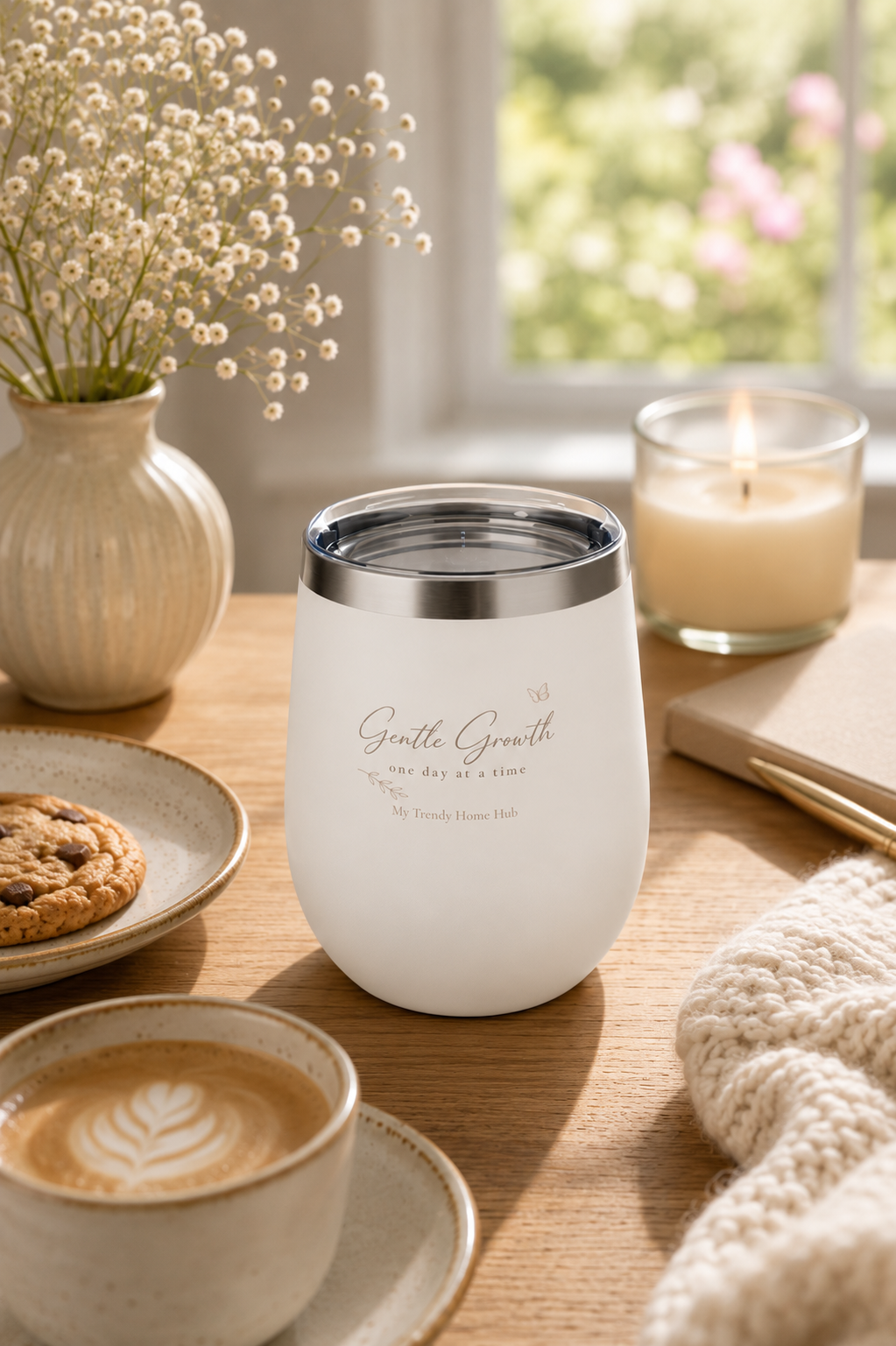 White insulated tumbler with Gentle Growth design on a cozy wooden table beside a candle, coffee, flowers, and a soft knit blanket.